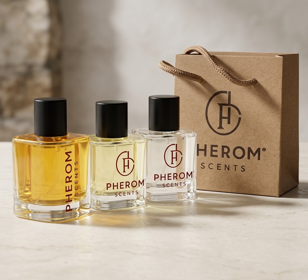 Frascos PHEROM Scents junto a su bolsa de presentación